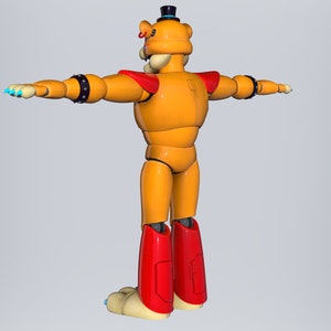Puede incluir: Un robot amarillo y rojo con un sombrero de copa y una pajarita. El robot tiene una cabeza grande y redonda y un cuerpo peque&ntilde;o y delgado. Los brazos del robot est&aacute;n extendidos y sus piernas est&aacute;n dobladas por las rodillas.