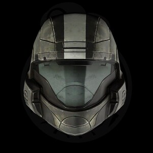 May include: A tactical helmet featuring a dark gray and black metallic finish with a prominent vertical stripe running down the center. The design includes a wide, tinted visor and angular, segmented plating across the front and side sections.