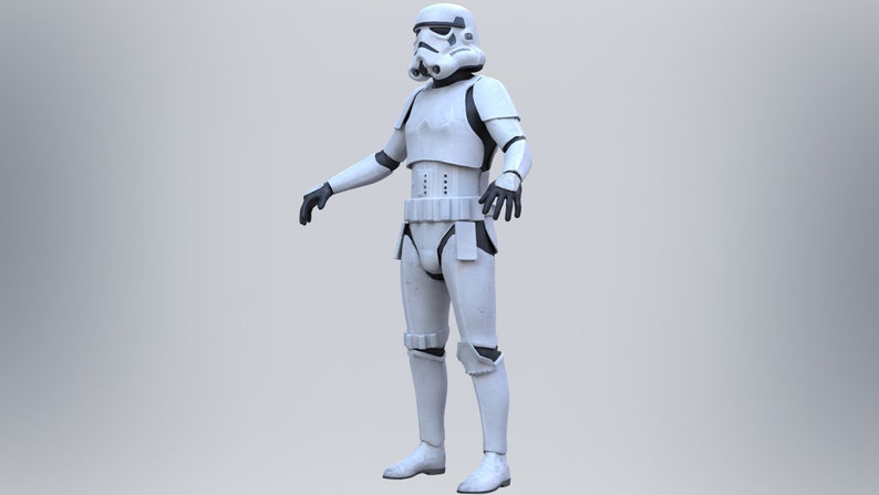May include: A white stormtrooper action figure with black details. The figure is standing with its arms outstretched.