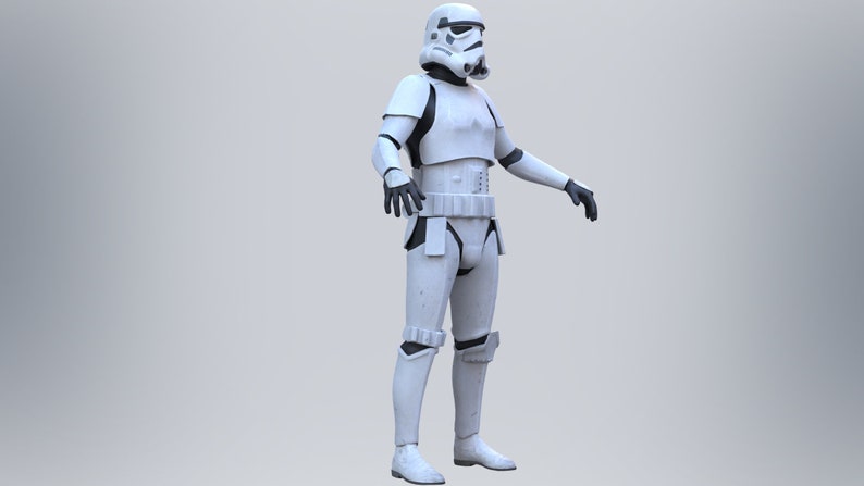 May include: A white stormtrooper action figure with black details. The figure is posed with arms outstretched and is standing on a grey background.