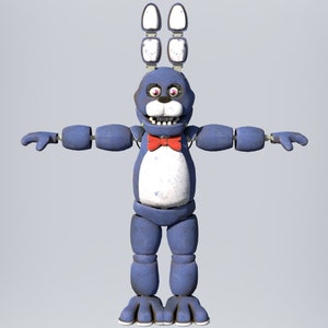 May include: A blue animatronic bunny with a red bow tie and white fur on its chest. The bunny has large, white ears and is posed with its arms outstretched.