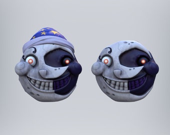 May include: Two 3D renderings of a moon-shaped character with a toothy grin. One character is wearing a blue and white sleep cap with yellow stars. Both characters have one white eye and one black eye with red pupils.