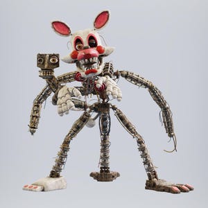 May include: A white and pink fox-like animatronic figure with an exposed metallic endoskeleton. The character features a secondary robotic head, multiple limbs, and a weathered appearance with visible wires, gears, and mechanical joints throughout.
