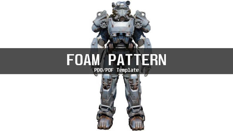 K&ouml;nnte beinhalten: Eine Schaumstoff-Schablonenvorlage f&uuml;r ein Power-Armor-Kost&uuml;m. Die Vorlage ist f&uuml;r eine PDF- oder PDO-Datei. Das Bild zeigt einen grauen und blauen Power-Armor-Anzug.
