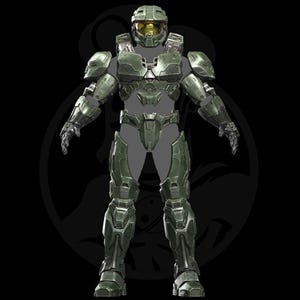May include: A full-body suit of olive green tactical armor featuring a matching helmet with a gold-tinted visor. The armor consists of segmented plating covering the chest, shoulders, arms, and legs, designed with a metallic finish and mechanical details.