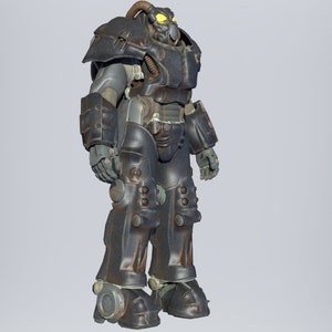 May include: A black and silver power armor suit with a yellow visor. The suit has a weathered, worn look.