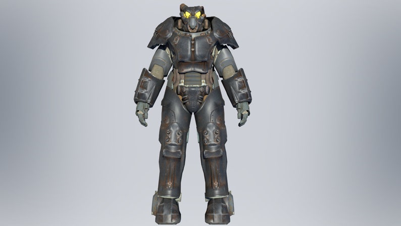 May include: A black and silver power armor suit with a yellow visor. The armor has a worn and weathered look.