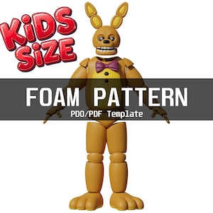 Puede incluir: Una figura de personaje de conejo amarillo con una pajarita morada y dos botones negros en el pecho. El texto KIDS SIZE, FOAM PATTERN y PDO/PDF Template se muestra sobre la figura. El personaje tiene orejas largas, ojos blancos y dientes.
