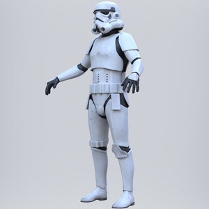 May include: A white stormtrooper action figure with black details. The figure is standing with its arms outstretched.