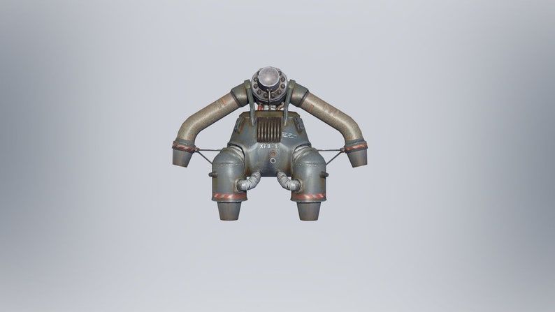 May include: A gray and brown metal jetpack with a circular engine and two large exhaust pipes. The jetpack has straps and buckles for attaching to a person.