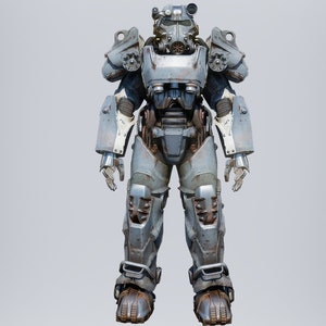 May include: A grey and silver power armour suit with a helmet and a weapon. The suit has a weathered and worn look.