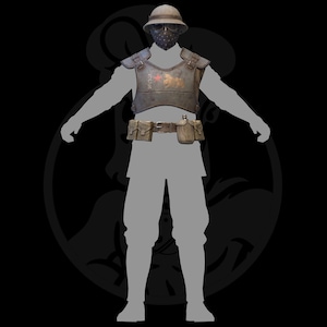 May include: A military-style tactical outfit featuring a rounded helmet, a dark face mask, and a rigid chest plate with a faded emblem. The ensemble includes a utility belt equipped with multiple pouches and a canteen, presented on a silhouette.