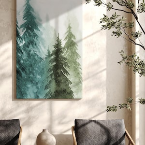 Framed Canvas Wall Art Print Watercolor Pine Trees Forest Nature Landscape Artwork Illustrations Minimalist Modern Wall Art Decor