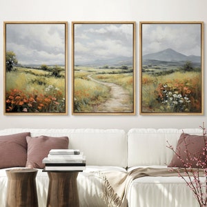 Framed Canvas Wall Art Print Set of 3 Wildflower Field Landscape Prints Nature Wall Art Minimalist Modern Farmhouse Decor