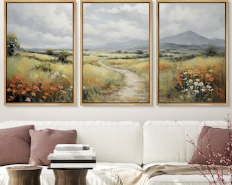 Framed Canvas Wall Art Print Set of 3 Wildflower Field Landscape Prints Nature Wall Art Minimalist Modern Farmhouse Decor
