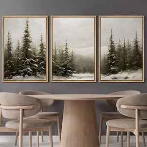 Framed Winter Pine Forest Wall Art Set of 3, Snowy Landscape Canvas Prints, Tranquil Evergreen Tree Decor for Rustic Cabin