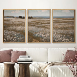 Framed Canvas Wall Art Prints Set of 3 Wildflower Field Art Print Vintage Landscape Nature Wall Art Minimalist Modern Wall Art Decor