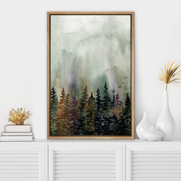 Framed Canvas Print Wall Art Woodland Nursery Decor Green & Purple Watercolor Forest Trees Floral Nature Illustrations Modern