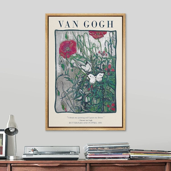 Framed Canvas Print Wall Art Van Gogh Butterflies and Poppies, 1890 Floral Plants Illustrations Expressionism Chic Calm Multicolor Ultra