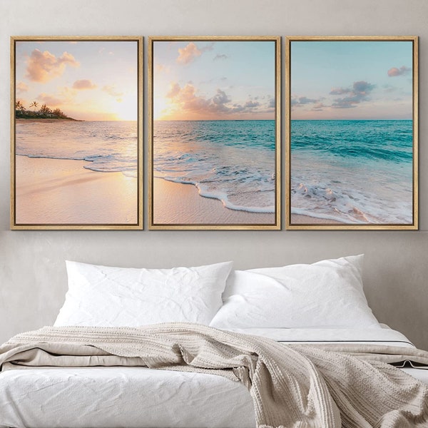 Framed Wall Art Print Set Sunset Horizon on Beach Shore Nature Ocean Photography Realism Nautical Scenic Colorful Multicolor Ultra