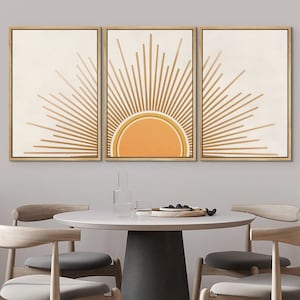 Framed Canvas Print Wall Art Set of 3 Geometric Yellow Sun Ray Prints Abstract Mid Century Modern Art Neutral Minimalist Eclectic Decor