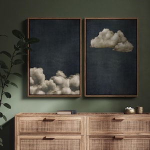 Framed Canvas Wall Art Set of 2 Moody Cloud Prints Dark Blue Sky and Stormy Clouds Poster Vintage Aesthetic artworks Bedroom Wall Decor