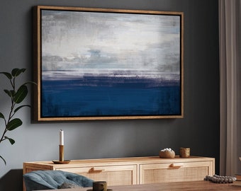 Framed Canvas Wall Art Abstract Navy Blue Sea Coastal Ocean Art Painting Printed Minimalist Modern Neutral Wall Art Living Room Decor