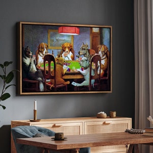 Framed Canvas Print Wall Art Dogs Playing Poker by C.M. Coolidge Animals Pop Culture Illustrations Pop Art Prints