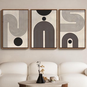 Framed Canvas Print Wall Art Set of 3 Duotone Geometric Black & White Polygons Abstract Mid-Century Modern Art Boho Minimalist Decor