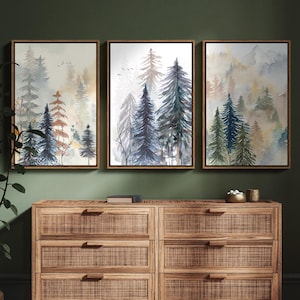 Framed Canvas Wall Art Set of 3 Watercolor Pine Tree Forest Mountain Nature Landscape Prints Minimalist Modern Art Woodland Nursery Decor