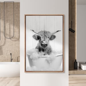 Framed Canvas Wall Art Print Shetland Cow in Bathtub Funny Bathroom Wall Art Animal Bathroom Art Bathroom Wall Art Animal Art Whimsy Print