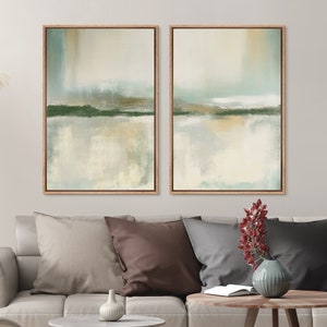 Juego de 2 lienzos enmarcados para pared, arte minimalista moderno con pinceladas de acuarela verde y tostado, decoración neutra para el hogar, arte relajante y acogedor