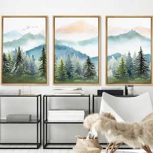 Framed Canvas Wall Art Set of 3 Watercolor Green Forest Tree Mountain Range Nature Landscape Prints Modern Art Woodland Nursery Decor