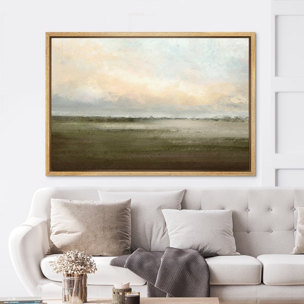 Vintage Dusk Sky Over Green Field Abstract Nature Landscape Painting Prints Retro Rustic Neutral Minimalist Decor Framed Canvas Wall Art