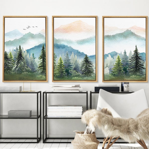 Framed Canvas Wall Art Set of 3 Watercolor Green Forest Tree Mountain Range Nature Landscape Prints Modern Art Woodland Nursery Decor