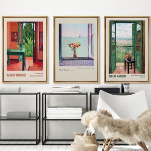Framed Albert Marquet Vintage Poster Style Wall Art Set of 3, French Window View Floral Balcony Canvas Print, Classic Bedroom Decor