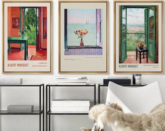 Framed Canvas Prints Wall Art Set of 3 Albert Marquet Flower Bouquet Botanical Art Print Nature Landscape Minimalist Boho Wall Decor