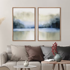 Framed Canvas Print Wall Art Abstract Pastel Blue Forest Art Coastal Print Shape Geometric Illustrations Modern Art for Living Room