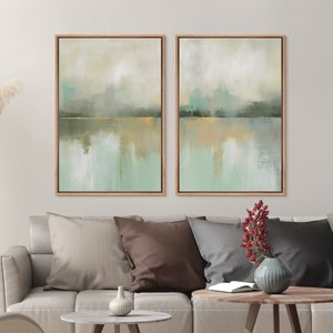 Framed Canvas Wall Art Set of 2 Pastel Watercolor Green & Yellow Paint ...