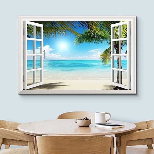 Canvas Print Wall Art Window View Green Palm Tree & Blue Beach Nature Landscape Photography Print Coastal Modern Art