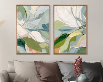 Framed Canvas Wall Art Set of 2 Sage Green Botanical Floral Prints Abstract Minimalist Modern Wall Art Living Room Decor