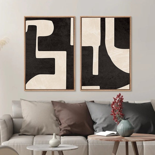 Framed Canvas Wall Art Set of 2 Black & White Geometric Paint Stroke Decor Abstract Art Print Modern Minimalist Wall Art Neutral Decor