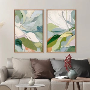 Framed Canvas Wall Art Set of 2 Sage Green Botanical Floral Prints Abstract Minimalist Modern Wall Art Living Room Decor