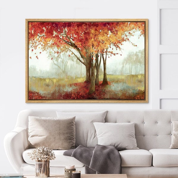 Red Maple Leaves Tree in Fall, Abstract Forest Nature Landscape Prints, Home Artwork Paintings, Framed Canvas Wall Art For Living Room