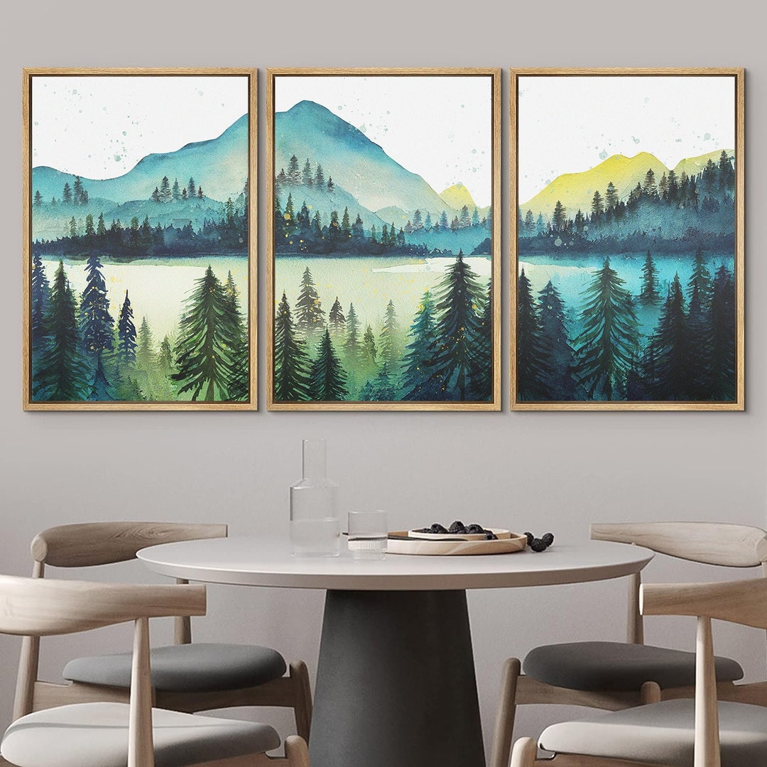 Framed Mountain Forest Wall Art Set of 3, Watercolor Lake Landscape ...