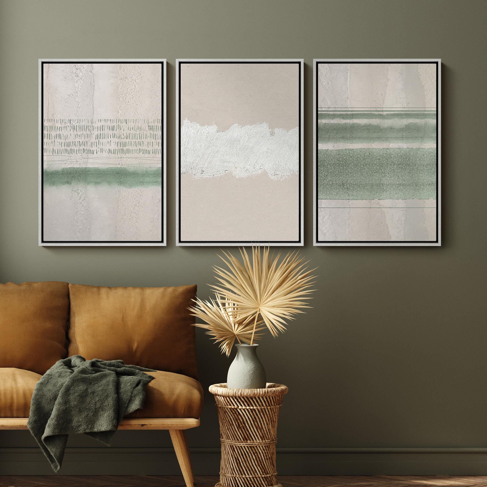 Framed Canvas Print Wall Art Set of 3 Sage Green Emerald Green White ...