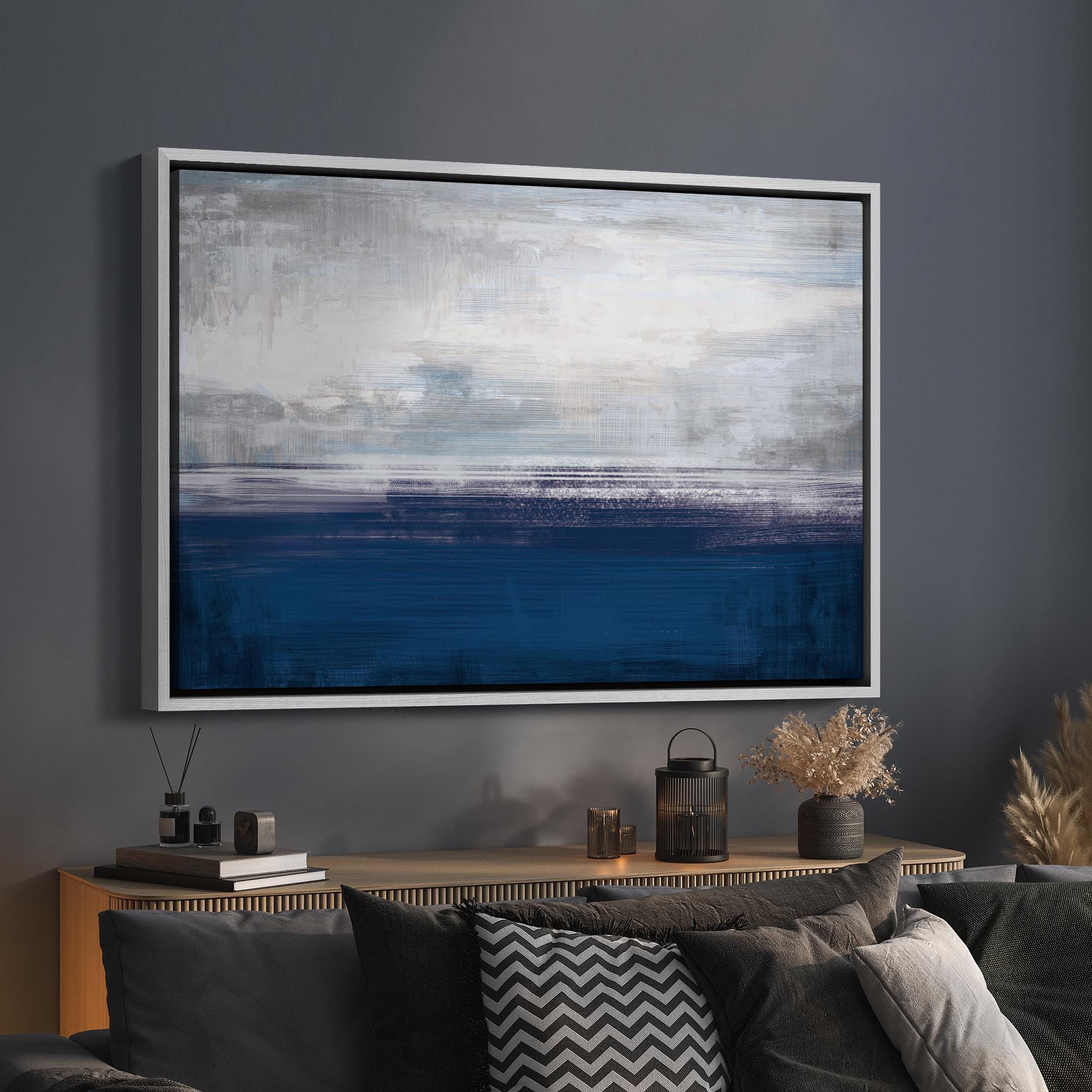 Framed Canvas Wall Art Abstract Navy Blue Sea Coastal Ocean Art ...