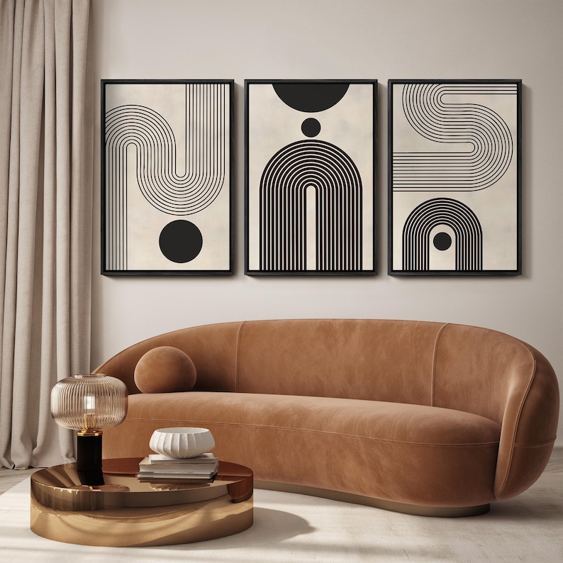 Framed Canvas Print Wall Art Set of 3 Duotone Geometric Black & White ...