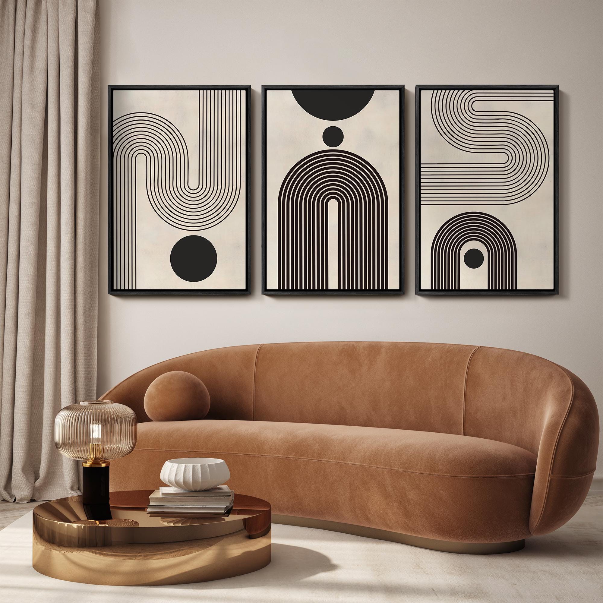 Framed Canvas Print Wall Art Set of 3 Duotone Geometric Black & White ...