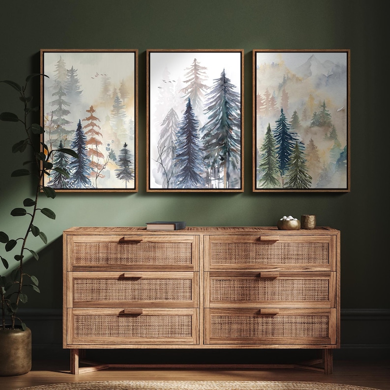 Watercolor Forest Framed Wall Art Set of 3, Misty Pine Tree Landscape ...